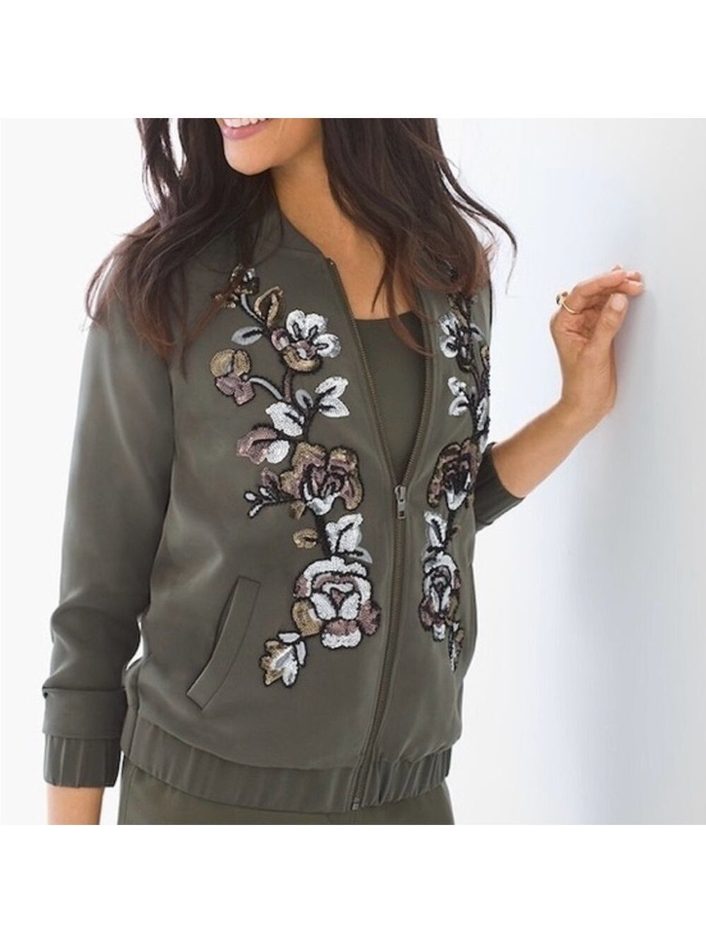 Chico's Olive Green Bomber Jacket Size 1 Embellished Zippered High Collar